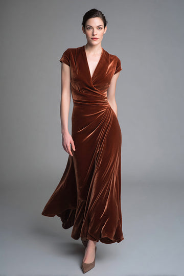 Caramel Velvet V Neck Long Formal Dress with Sleeves